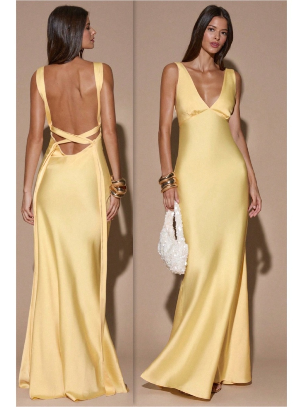 Yellow Satin Maxi Dress Criss Cross Back Ties
